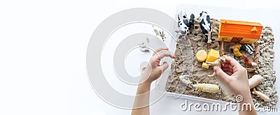 Montessori material. Children`s hands play an animal figure. Kinetic sand. Copy space Stock Photo