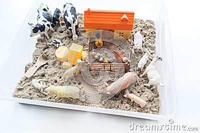 Montessori material. Children`s hands play an animal figure. Kinetic sand Stock Photo