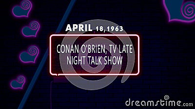 April 18, 1963 - Conan O'Brien, TV late night talk show, brithday noen text effect on bricks background Stock Photo