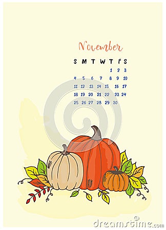 The month calendar November 2018, the leaves yellow and branches, pumpkins and squash, harvest Vector Illustration
