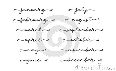 Month, calendar set of continuous line cursive text. Vector Illustration