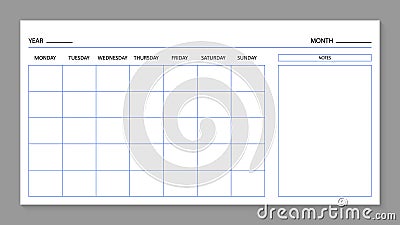 Month planner template. Blank calendar for 2021 year. Page for agenda. Calender with grid on wall. A4 planner for month and year. Vector Illustration