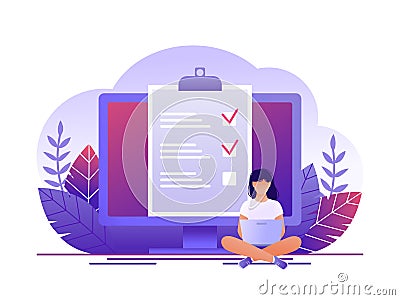 Month planning, to do list, time management. Woman is sitting with laptop and working with data near large computer monitor. Flat Cartoon Illustration