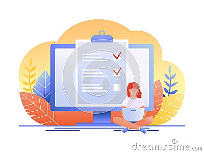 Month planning, to do list, time management. Woman is sitting with laptop and working with data near large computer monitor. Flat Cartoon Illustration