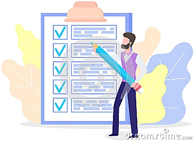 Month scheduling, to do list, time management. Businessman stands near checklist and planning Vector Illustration