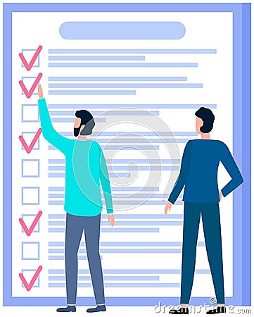 Month scheduling, to do list, time management. Businessman stands near checklist and planning Vector Illustration