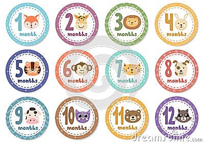 Monthly baby stickers with cute animals Vector Illustration