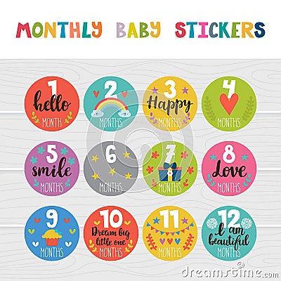 Monthly baby stickers for little girls and boys. Month by month growth stickers for clothing. Great baby shower gift. Love Vector Illustration