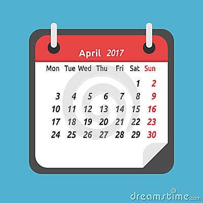 Monthly calendar, April 2017 Vector Illustration