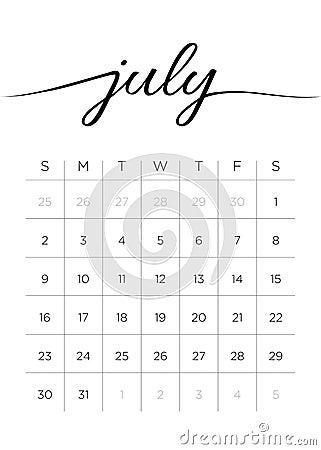 Monthly Calendar July 2017 Vector Illustration