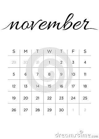 Monthly Calendar November 2017 Vector Illustration