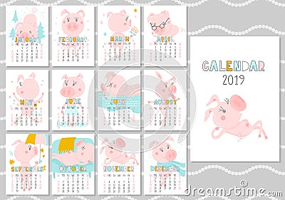 Monthly creative calendar 2019 with cute pig. Concept, vector vertical editable template. Symbol of the year in the Vector Illustration