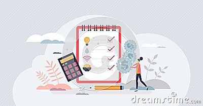 Monthly expenses calculation with bills payment sum tiny person concept Vector Illustration