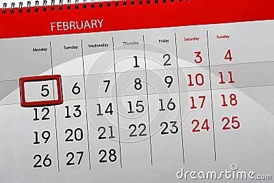 Daily Month Isolated Calendar Scheduler 2018 February 5 Stock Photo