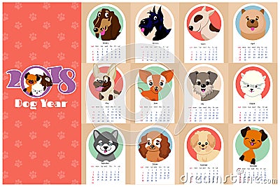 Monthly kids calendar 2018 with funny dogs, puppies Vector Illustration