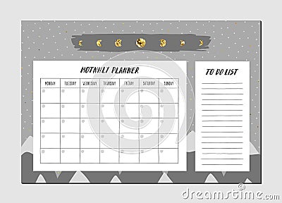 Monthly planner. Ink, gray, gold mountains, moon vector Part two Vector Illustration