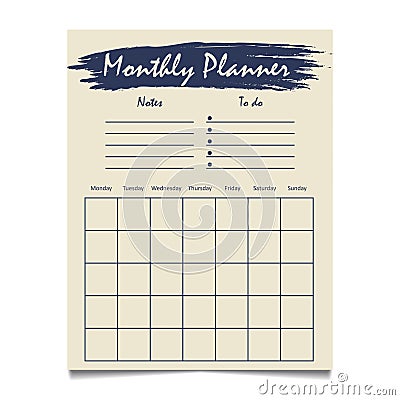 Monthly planner template design with grunge element notes and to do list Vector Illustration