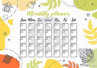 Monthly planner. Template design, important dates. Schedule for printing, calendar for study or work. Learning Vector Illustration