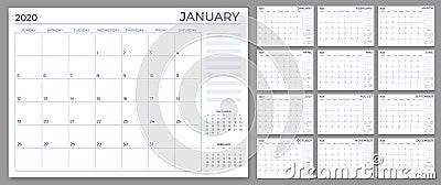 Monthly planner template. Year calendar notes grid, 2020 planners sheets and yearly scheduling calendars vector set Vector Illustration