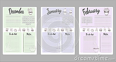 Monthly sheets of business plans and habits for the winter months of December, January and February. List to do Stock Photo