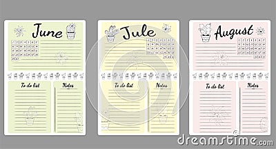 Monthly sheets of business plans and a list of common activities in the summer months of June, July, August Stock Photo