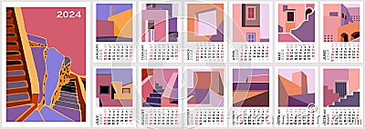 Monthly wall art architectural calendar for 2024. Vector Illustration