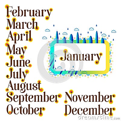Months lettering word labels for greeting cards and banners. Vector Illustration