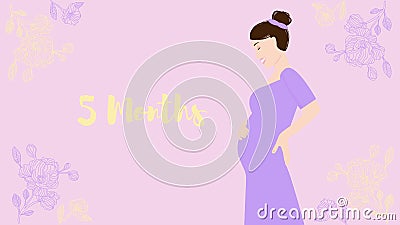 5 months of pregnancy. Portrait of young happy woman waiting for her child born, vector illustration. Pregnant woman expecting to Vector Illustration