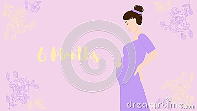 6 months of pregnancy. Portrait of young happy woman waiting for her child born, vector illustration. Pregnant woman expecting to Vector Illustration