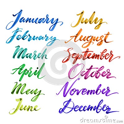 Months of the year by hand. Hand drawn creative calligraphy Vector Illustration