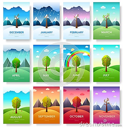 12 Months of the Year. Weather year information set. Seasons banners. Infographic concept background. Layout Vector Illustration