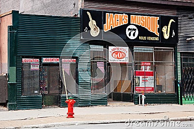 Abandoned vintage music shop in an old grunge building in Montreal, Quebec, Canada Editorial Stock Photo