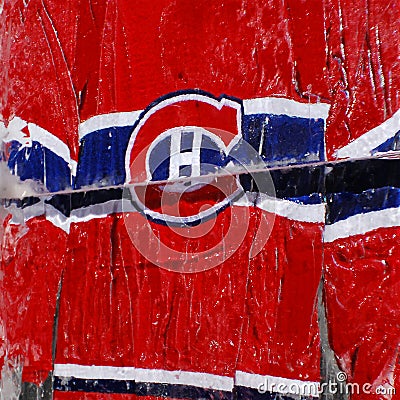 Montreal Canadians jersey in an ice block in front the Molson center Editorial Stock Photo