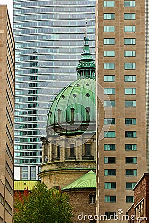 Montreal City life: cathedral and skyscrapers Editorial Stock Photo