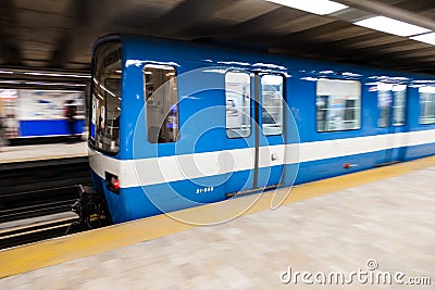 Montreal Metro Train with Motion Blur Editorial Stock Photo