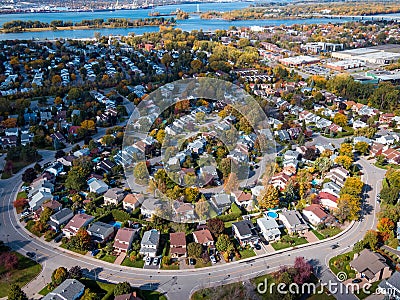 Montreal, Quebec, Canada, Aerial View of Houses in Residential Neighbourhood in Autumn Season Stock Photo