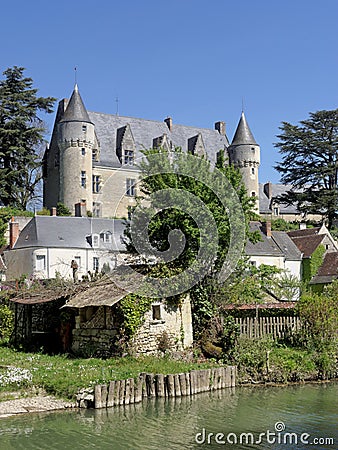 Montresor village and castle seen from the Indrois river, France Stock Photo