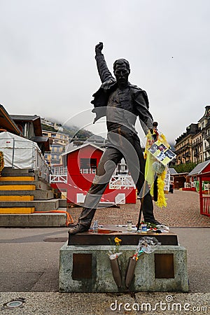 Montreux, Switzerland -OCTOBER 22, 2019 :The statue Freddie Mercury is the singer of Queen band at Geneva lake, Montreux, Editorial Stock Photo