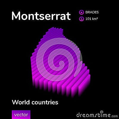 Montserrat 3D map. Stylized neon digital isometric striped vector Map of Montserrat in violet colors on black background Vector Illustration