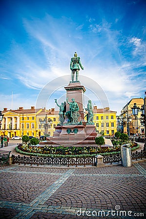 A monument of Alexander II on the Senate square Senaatintori in front of the St. Nicholas Cathedral, Helsinki, Editorial Stock Photo
