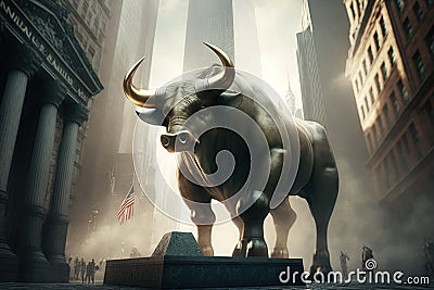 A monument of a bronze bull in the center of the street as a symbol of the stock market. AI generated Stock Photo