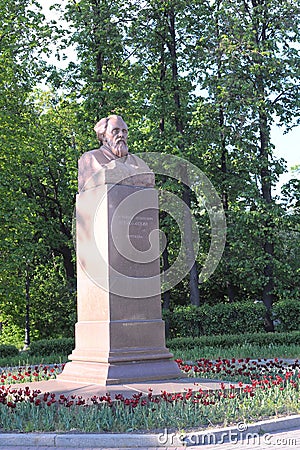 The monument-bust to Konstantin Eduardovich Tsiolkovsky, the famous Russian scientist ancestor of modern astronautics in Moscow. Editorial Stock Photo