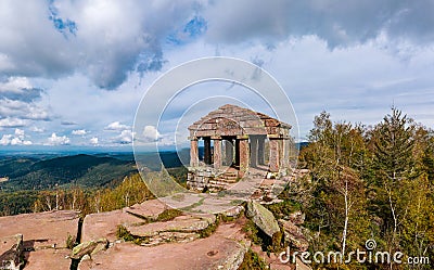 Monument on the Donon mountain peak in the Vosges. Historic sacred place where the rituals of the Celts and Proto-Celts took place Stock Photo