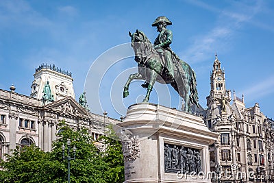 Monument. First king of Portugal Don Pedro IV in Porto Stock Photo