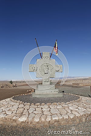 Monument with flag of Aymara people at the Valle de la Luna or Moon Valley Editorial Stock Photo
