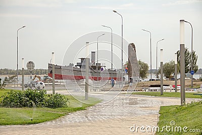 Monument in the form of a cruiser on the city embankment Editorial Stock Photo