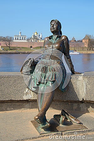 Monument girl-tourist close up, april day. Veliky Novgorod Editorial Stock Photo