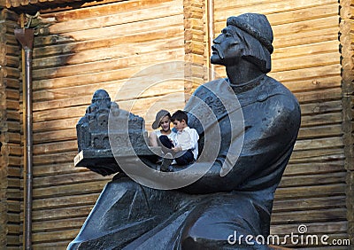 Monument of the Kyiv prince Yaroslav the Wise near the historic building of the Golden Gates of Kyiv Editorial Stock Photo