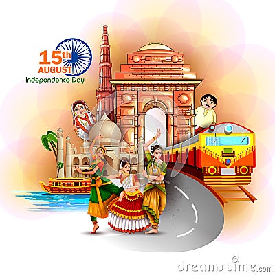 Monument and Landmark of India on Indian Independence Day celebration background Vector Illustration