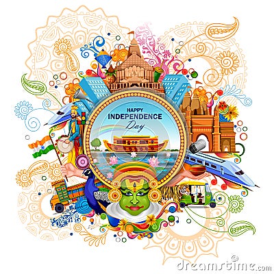 Monument and Landmark of India on Indian Independence Day celebration background Vector Illustration